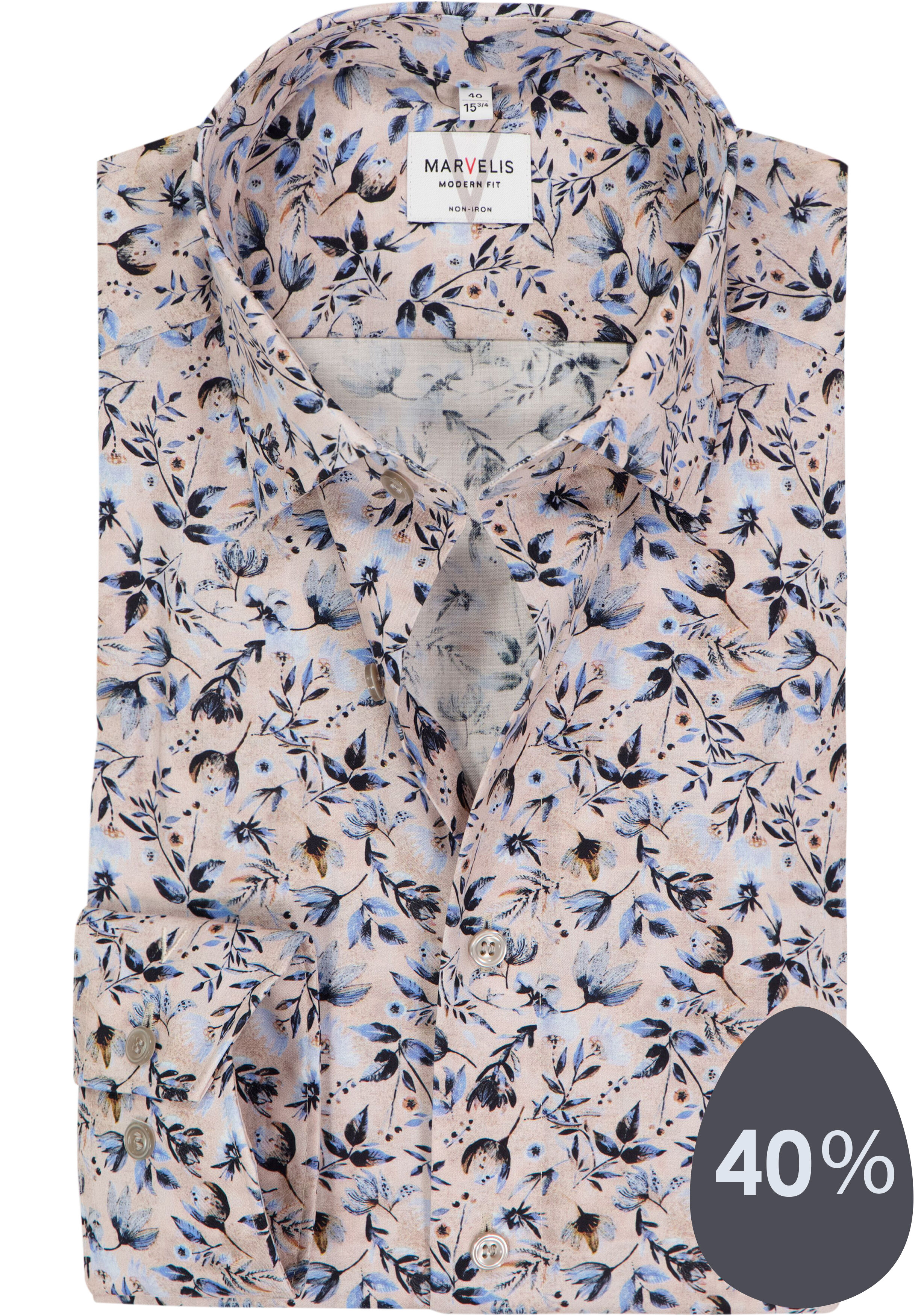 MARVELIS modern fit overhemd, popeline, beige met blauw en bruin bloemen dessin